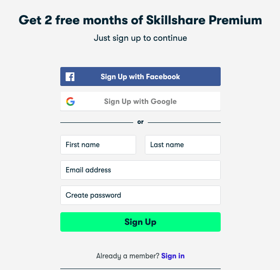 skillshare signup page