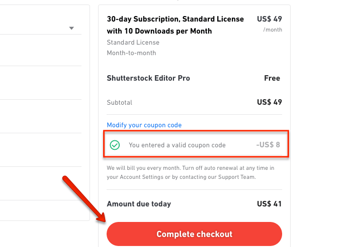 Shutterstock coupon checkout