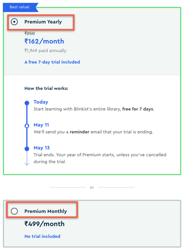 choosing blinkist plan to apply discount code